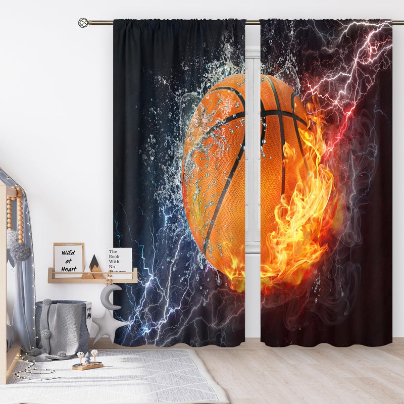 Cinbloo Boys Sports Curtains for Living Room Rod Pocket 52W x 84L Inch Basketball Wall Decor for Men Teens Kids Abstract Thunder Lightning 3D Ball Cool Basketball Bedroom Window Drapes Fabric 2 Panel - Image 1